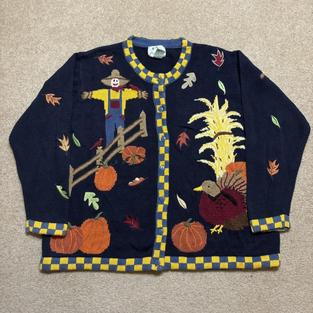 Vtg Quacker Factory Cardigan Sweater Womens 1X Autumn Fall Halloween Novelty 90s